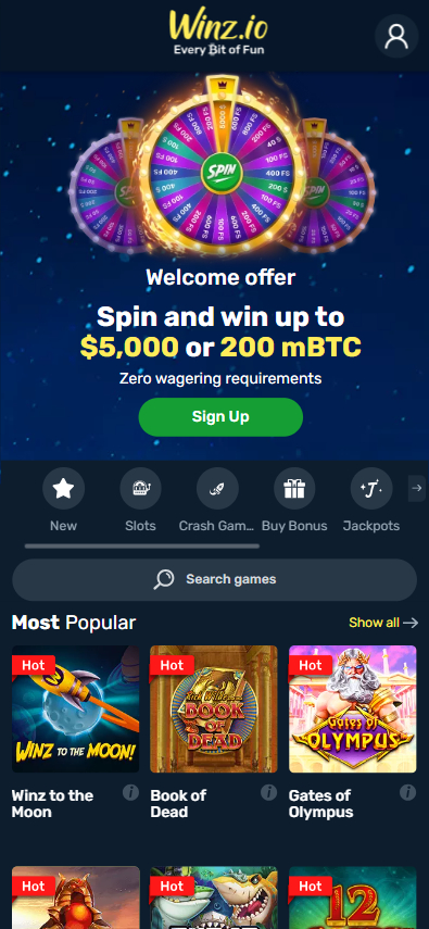 Winz.io Casino Screenshot