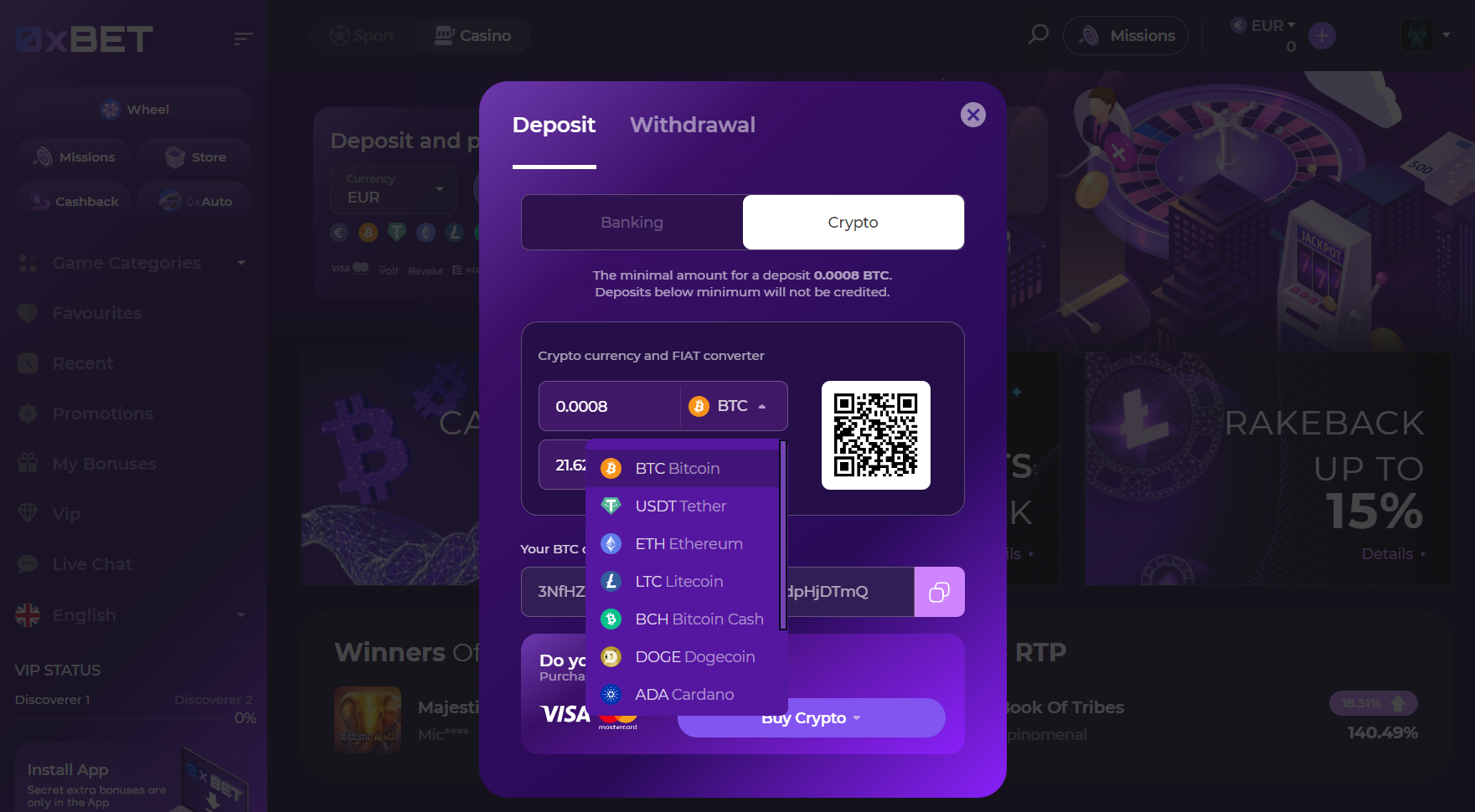 0xBet Casino Deposit Methods Crypto