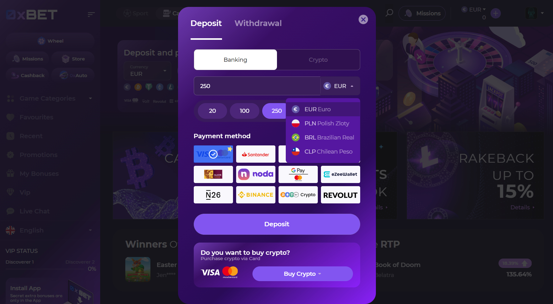 0xBet Casino Deposit Methods