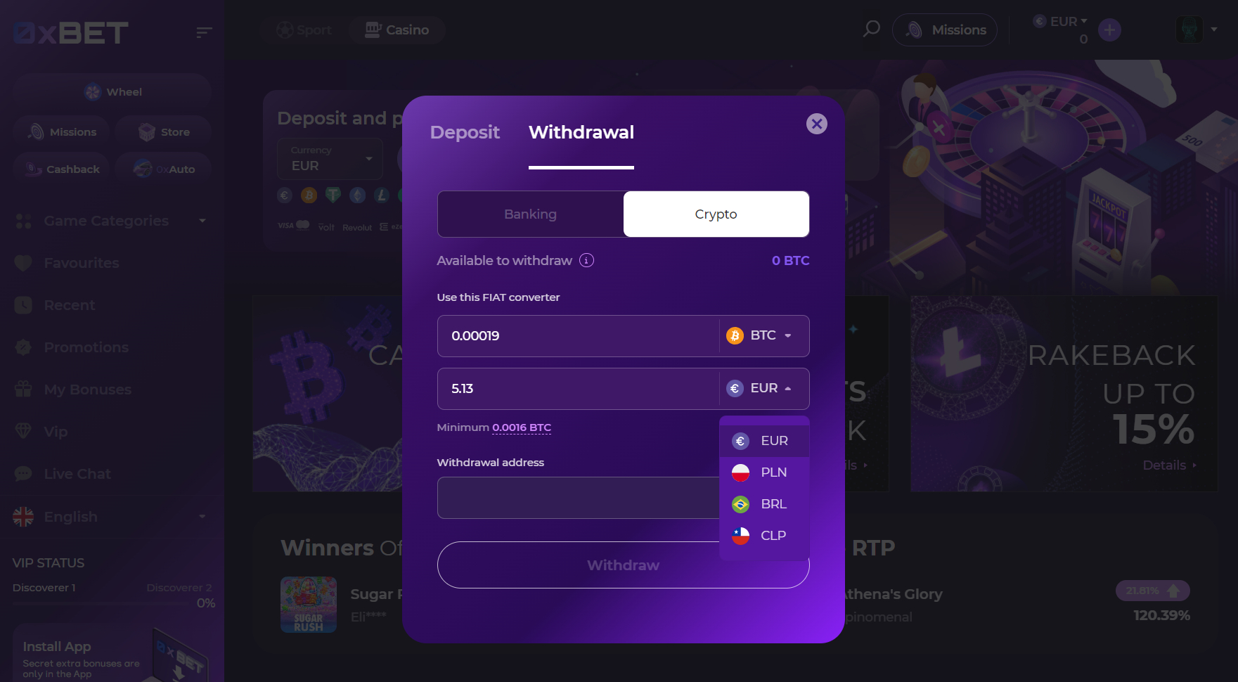 0xBet Casino Withdrawal Methods Crypto