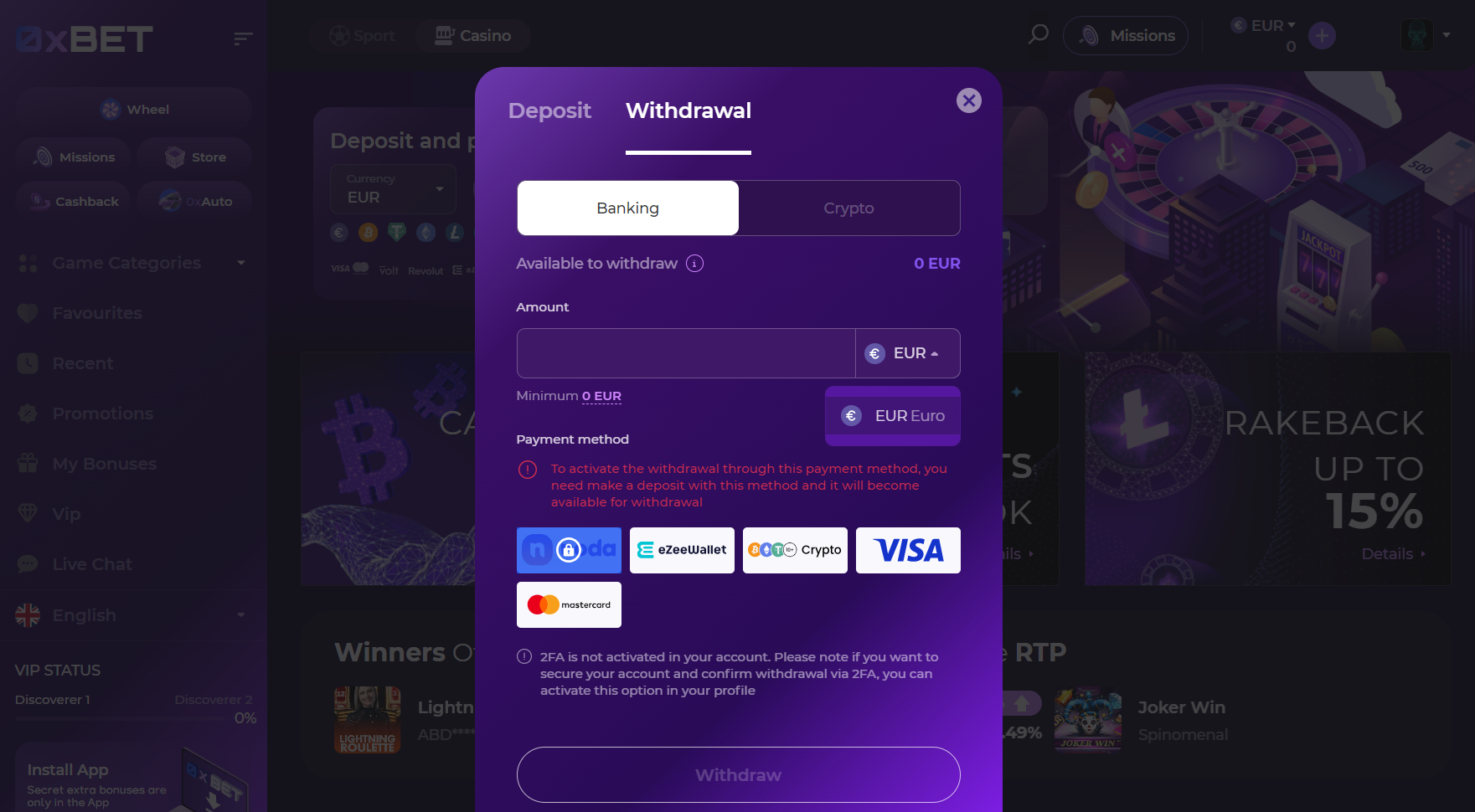 0xBet Casino Withdrawal Methods