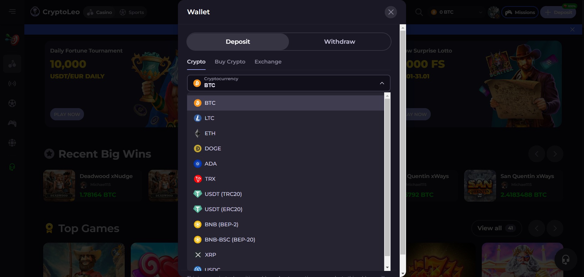CryptoLeo Casino Deposit Methods