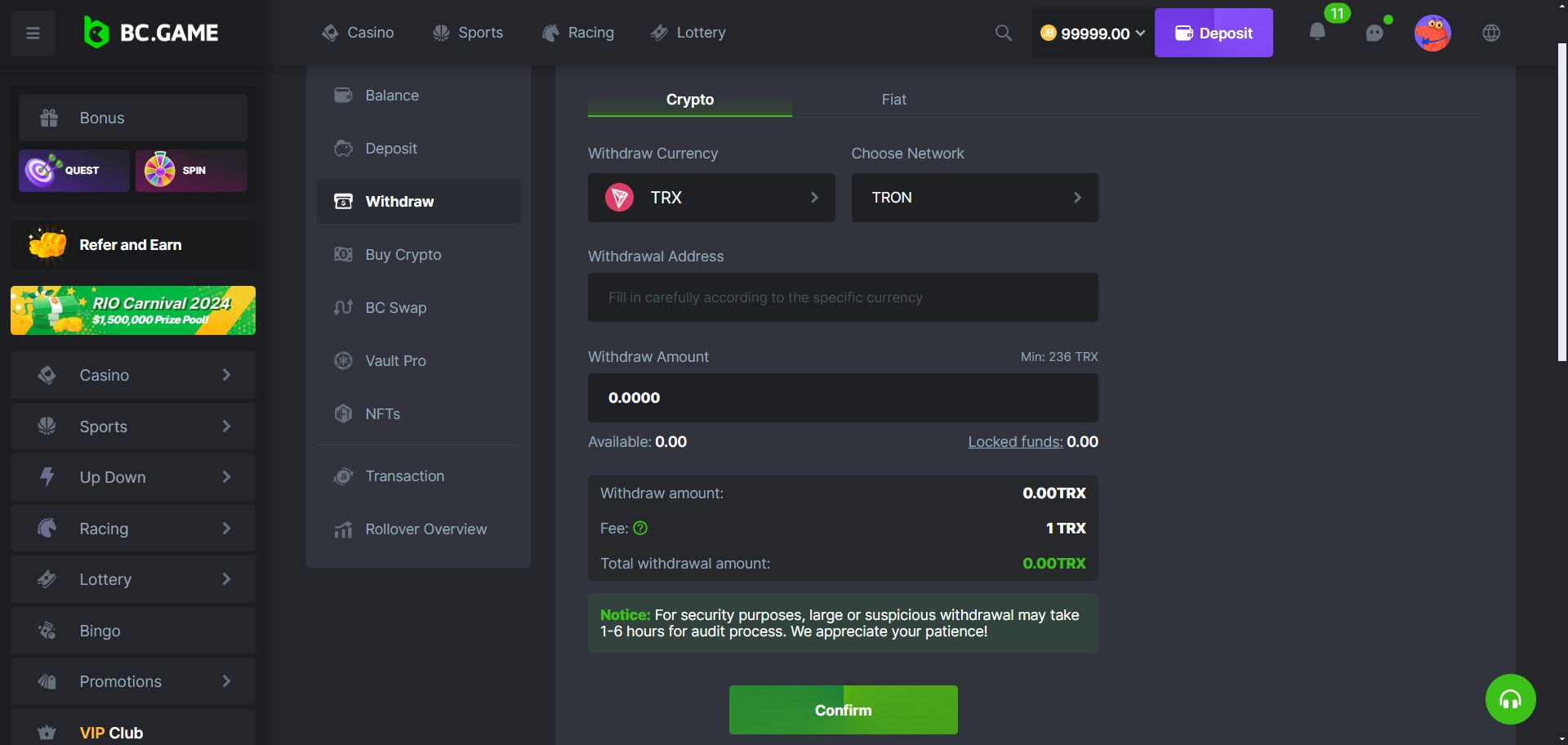 BC.Game Casino Withdraw TRON