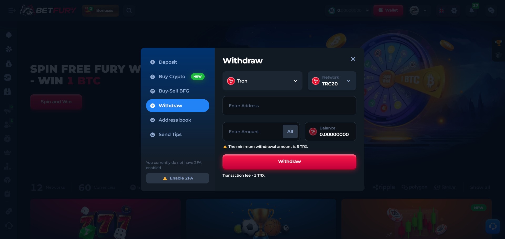 BetFury Casino Withdraw TRON