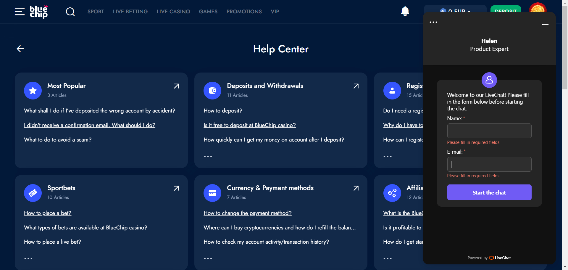 BlueChip Casino Customer Support