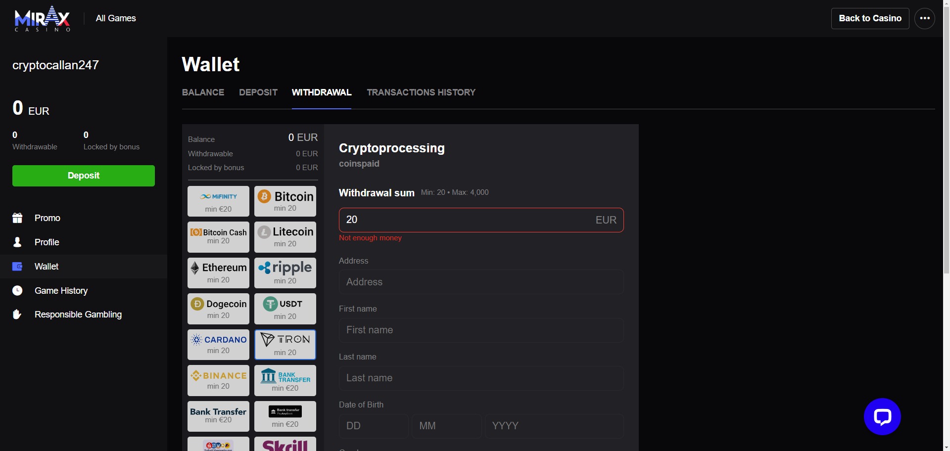 Mirax Casino Withdraw TRON