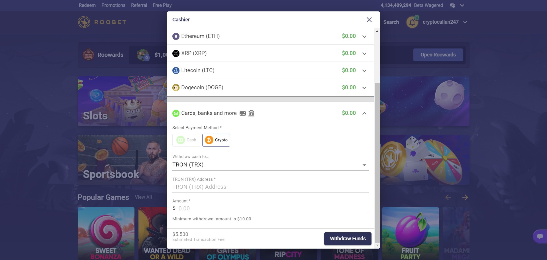 Roobet Casino Withdraw TRON